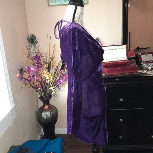 NWT Bridge Violet Velvet Open Back Tie Long Sleeve Zip Dolman Sleeve Party Dress - Picture 5 of 14